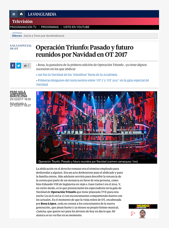 La Vanguardia. Concursantes Operción Triunfo 2017.
